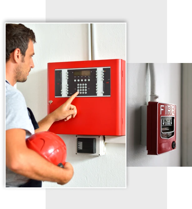 Technician pressing fire alarm system buttons