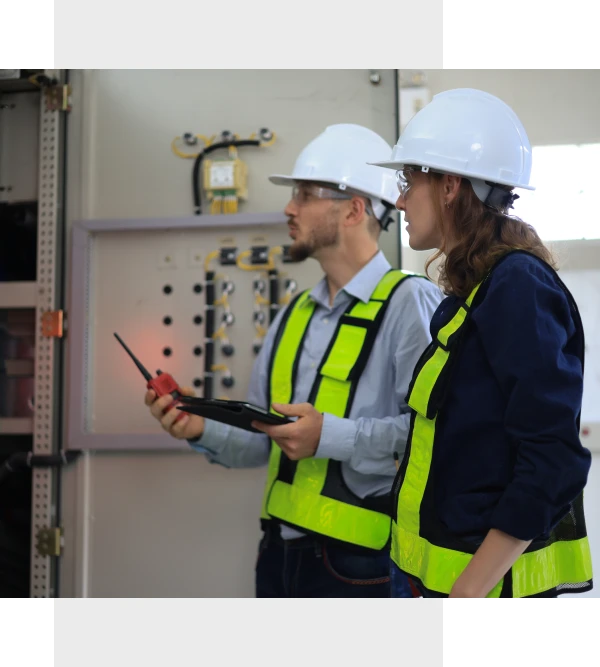 Engineers examining control panel