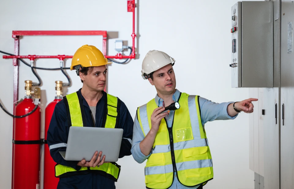 Engineers reviewing control panel